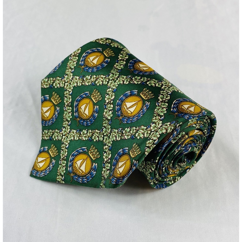 FENDI Green Floral Sailing Crest Pure Silk Mens Tie 3.75 Inch Width